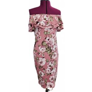 Hello Miss Ruffled Off-Shoulder Bodycon Floral Stretch Midi Dress Womens